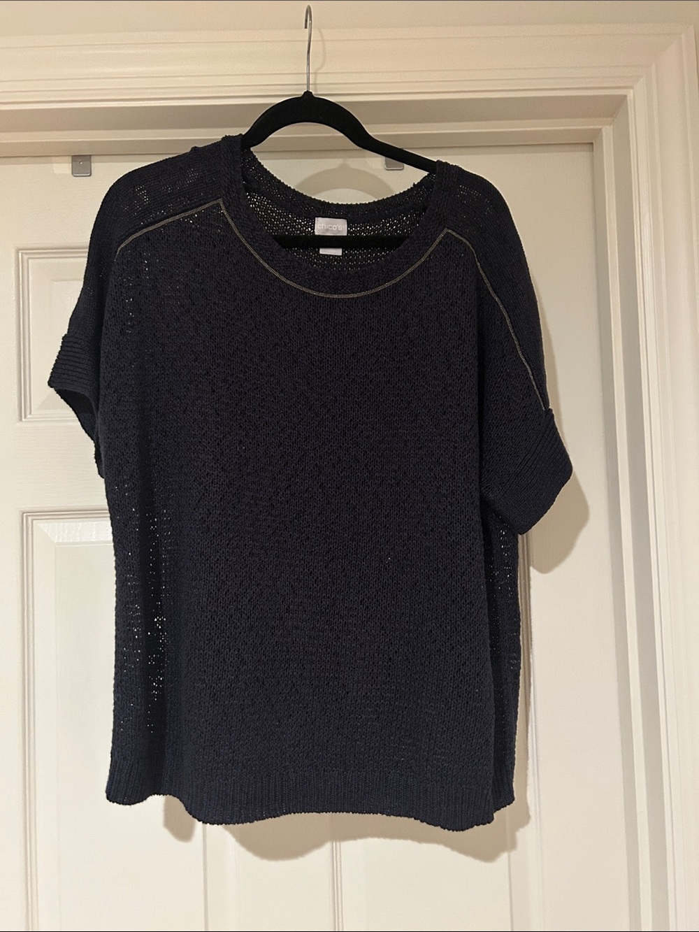 Chico's Navy Open-Knit Short Sleeve Crew Sweater